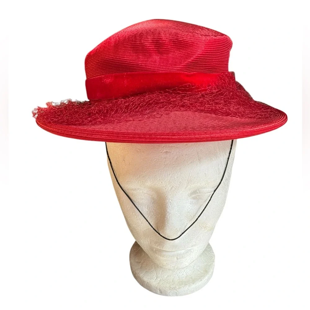 1950s Fifth Ave. Designers Group Wide Brim Hat w/Velvet Ribbon‎ & Netting - Picture 2 of 7